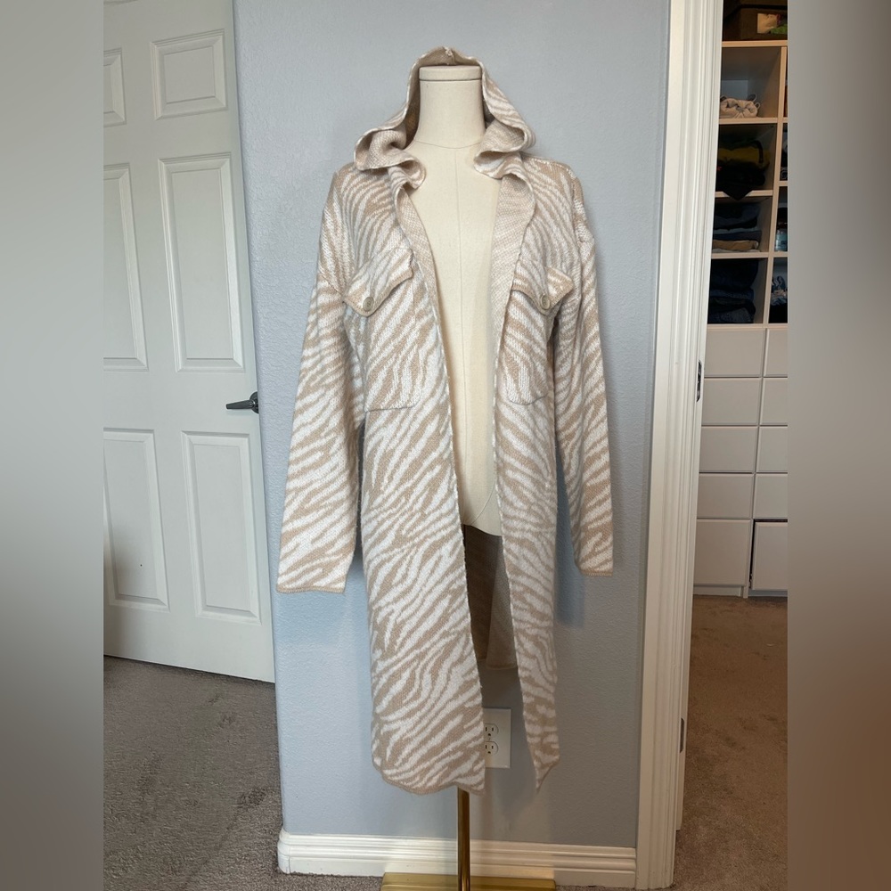 Double Take Printed Open Front Hooded Longline Cardigan Size S